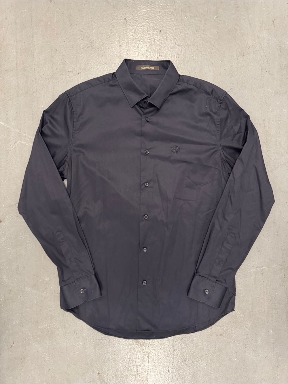 Roberto Cavalli Men's Black Satin Button-Down Shirt with Monogram 43/17